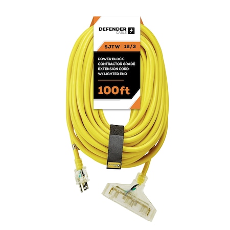 DEFENDER CABLE 100 ft POWER BLOCK Extension Cord wLighted Ends, Contractor Grade, ULETL Listed DCE-311-62